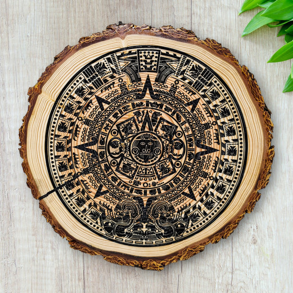 Aztec Calendar Wooden Round / Aztec Wall Art Sun Stone