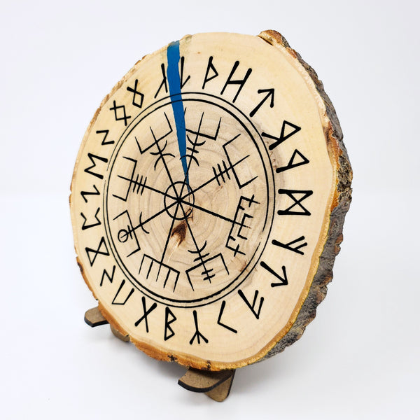 Runic Vegvisir Wayfinder (Viking Compass) engraved onto a Live Edge Wood Rounds