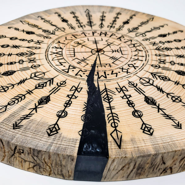 Vegvisir Wayfinder Runes (Viking Compass) engraved onto a Live Edge Wood Round