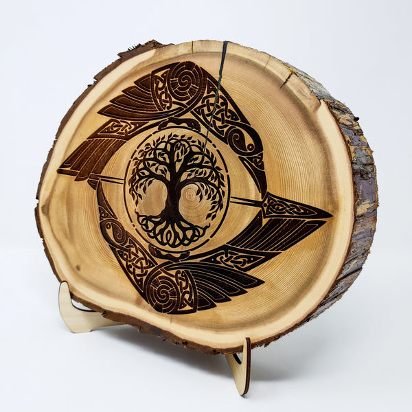 Viking Tree of Life Yggdrasil with Ravens engraved onto a Live Edge Wood Slice