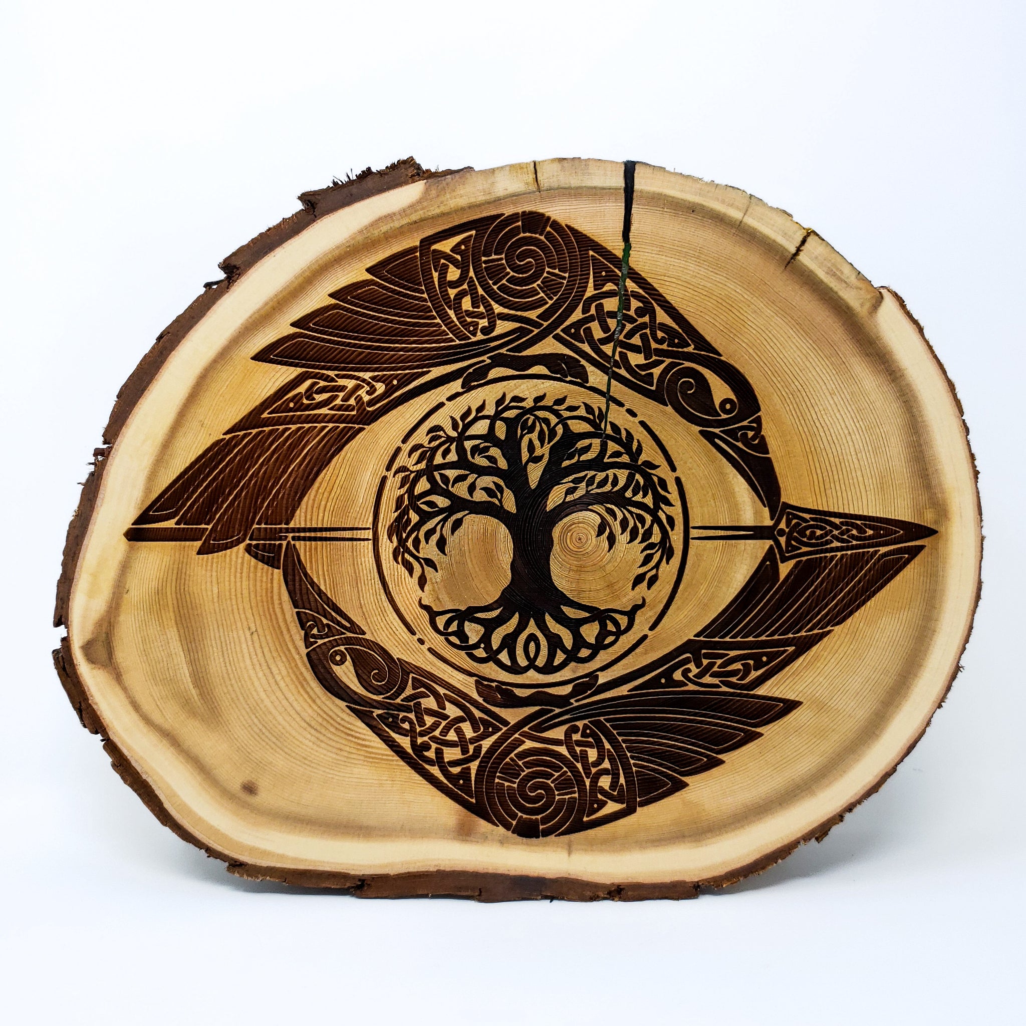 Viking Tree of Life Yggdrasil with Ravens engraved onto a Live Edge Wood Slice