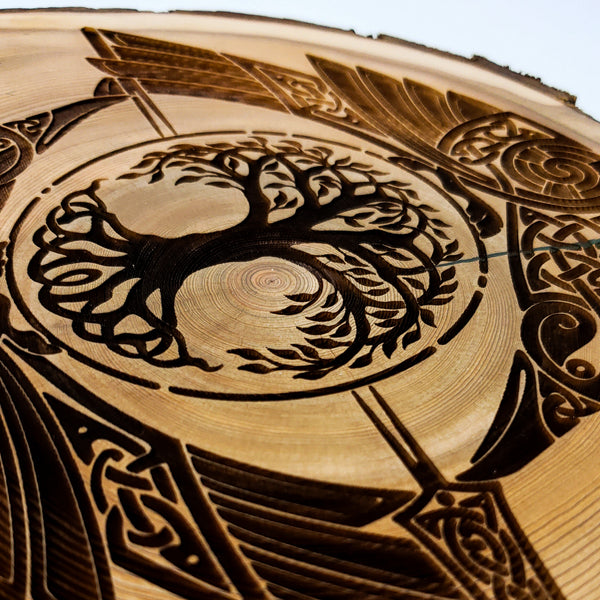 Viking Tree of Life Yggdrasil with Ravens engraved onto a Live Edge Wood Slice