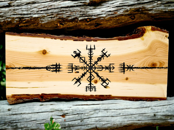 Vegvisir Runes Wayfinder (Viking Compass) engraved onto a Live Edge Wood Slice