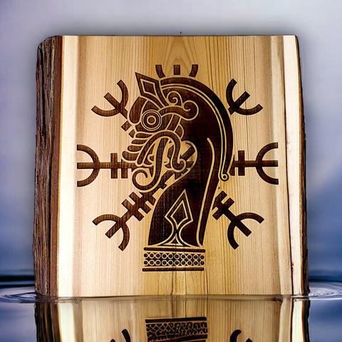 Viking Helm of Awe and Dragon Head engraved onto a Live Edge Wood Slice
