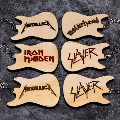 Heavy Metal Stratocaster Guitar Keychains - Motorhead, Iron Maiden, Slayer, and Metallica