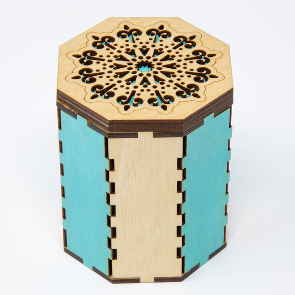 Snap Lid Trinket Wood Box / Octagon Gift Box with Mandala Lid Design