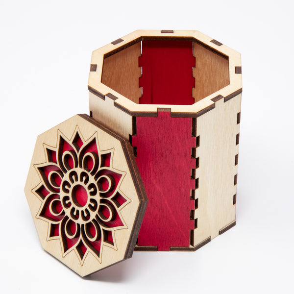 Snap Lid Trinket Wood Box / Octagon Gift Box with Mandala Lid Design